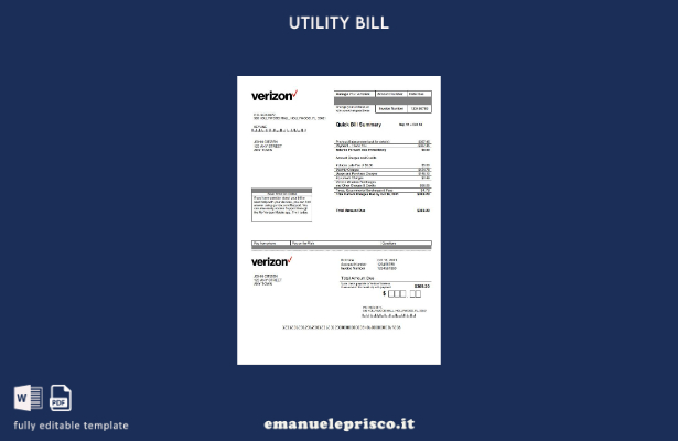 modello di versione word della bolletta delle utenze USA Verizon in stile verifi